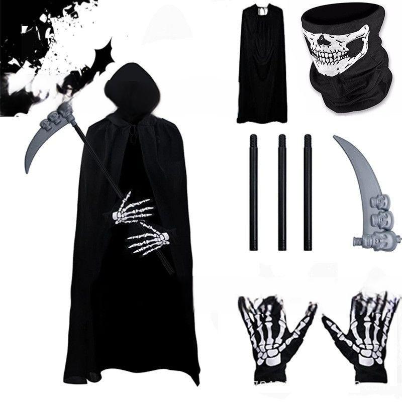 Halloween Skeleton Gloves & Black Cape Costume Set for Adults