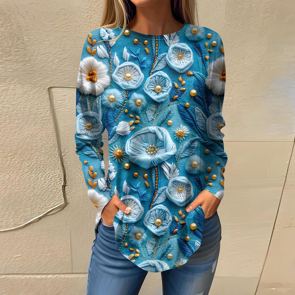 Women's Fashion Long Sleeve Round Neck Vintage Irregular Pullover Top