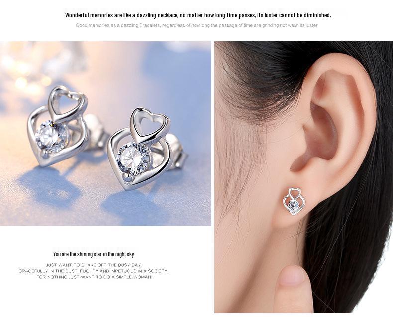 Серьги-пусеты из стерлингового серебра S925 в корейском стиле в форме сердца с цирконом для женщин