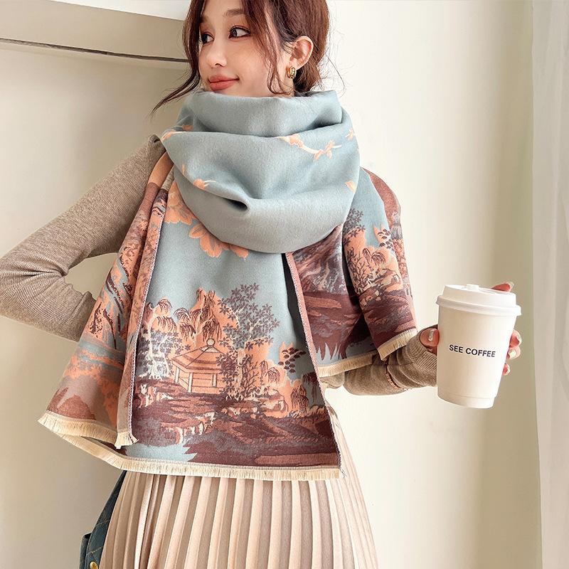 Feifei Imitation Cashmere Versatile Air Conditioner Shawl Shawl Shawl Silk Scarf Long Scarf Camellia
