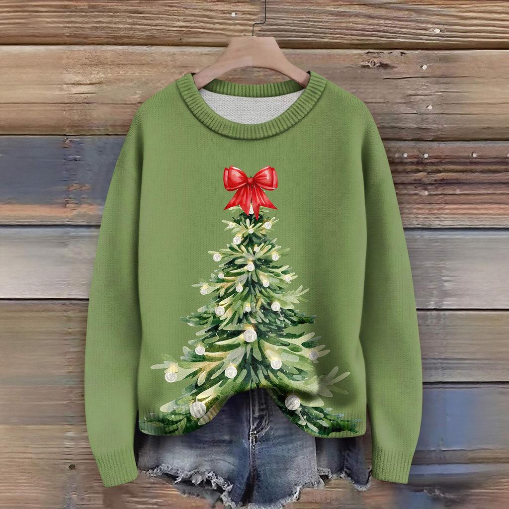 Long Sleeve Pullover Sweaters For Women O Neck Casual Cute Printing Knit Oversized Sweater