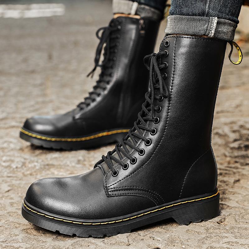 Fashion High Top Side Zipper High Ankle Boots Men Casual Footwear 14 Holes Punk Leather Fur Warm Stylish Men Motorcycle Boot Big Size 48