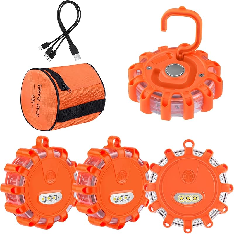 USB C Rechargeable LED Road Flares Emergency Lights With Magnetic Base, 9 Strobe Options Roadside Emergency Warning Car Safety Beacon Flashing Disc