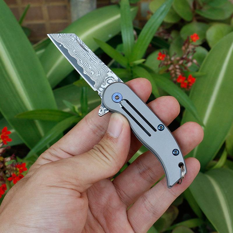 Damascus Steel Titanium Handle Keychain Mini EDC Portable Folding Pocket Knife Camping Survival