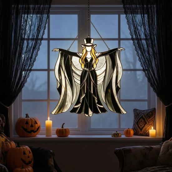 Boho Dancing Lady Suncatcher, Stained Glass Acrylic Hanging Ornament, Mystical Gothic Woman Window Spinner for Indoor Outdoor Decor, Gift