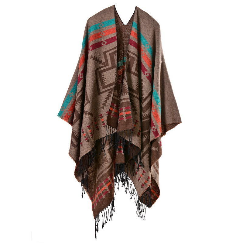 European and American Style Women's Fashion Tassel Scarf  Thicken Long Pashmina Ethnic Style Split Shawl Winter Warm Wraps