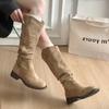 New Style Women's Low Heel Side Zip Suede Thigh High Women's Luxury Boot Retro Woman Boots Autumn Winter Knee High Boots