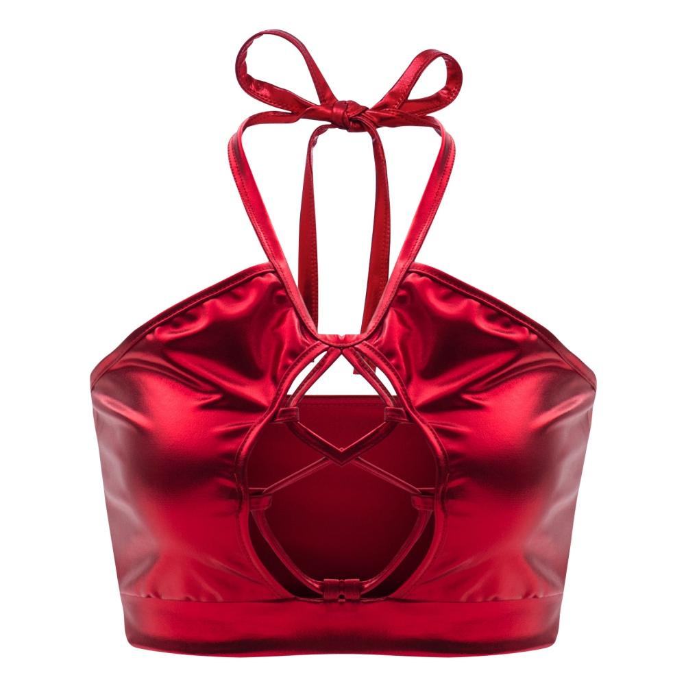 Women's Metallic Design Sexy Slim Halter Camisole Illusory Color Glossy Sparkly Chest Hollow Backless Lace Up Cropped Top