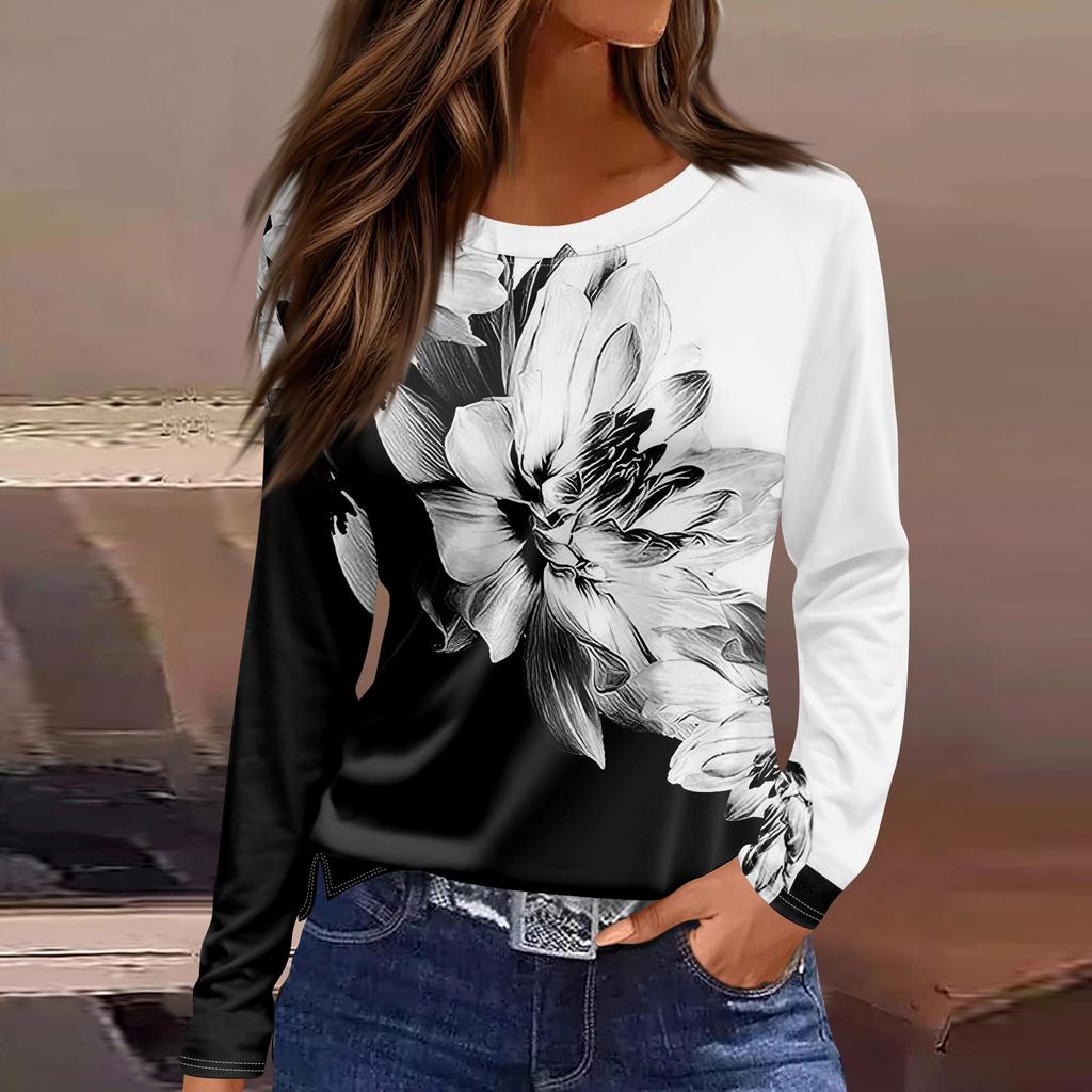 Women's Fashion Casual Slit Hem Round Neck Long Sleeve Loose  Printed T-Shirt Ladies Top