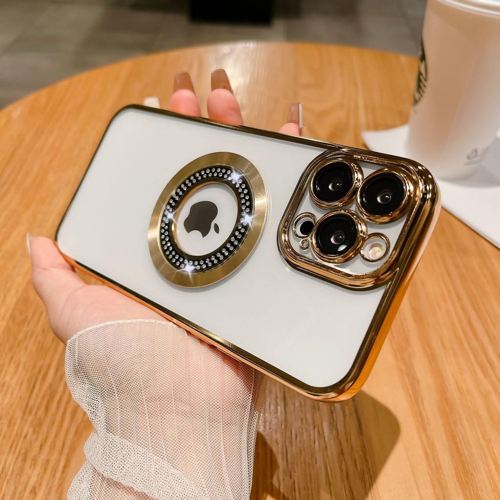 Подходит для iPhone17proMax Инкрустированный бриллиантами и с защитой от протечек Магнитный чехол для телефона Apple 16 Гальванизированный противоударный защитный чехол 15