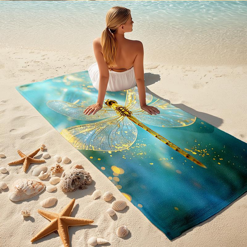 1Pc Golden Dragonfly Sparkle Beach Towel, Quick Dry, Multi-Use for Beach Pool Gym Yoga Home Travel, Christmas, Halloween, Xmas Gift S929643