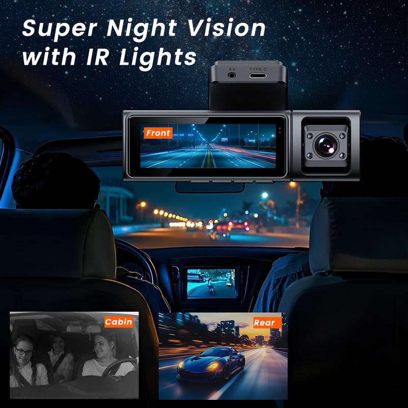 4K Triple Dash Cam GPS Front Inside and Rear 3CHs WiFi Car Camera with APP Control Night Vision 24H Parking Mode Loop Recording