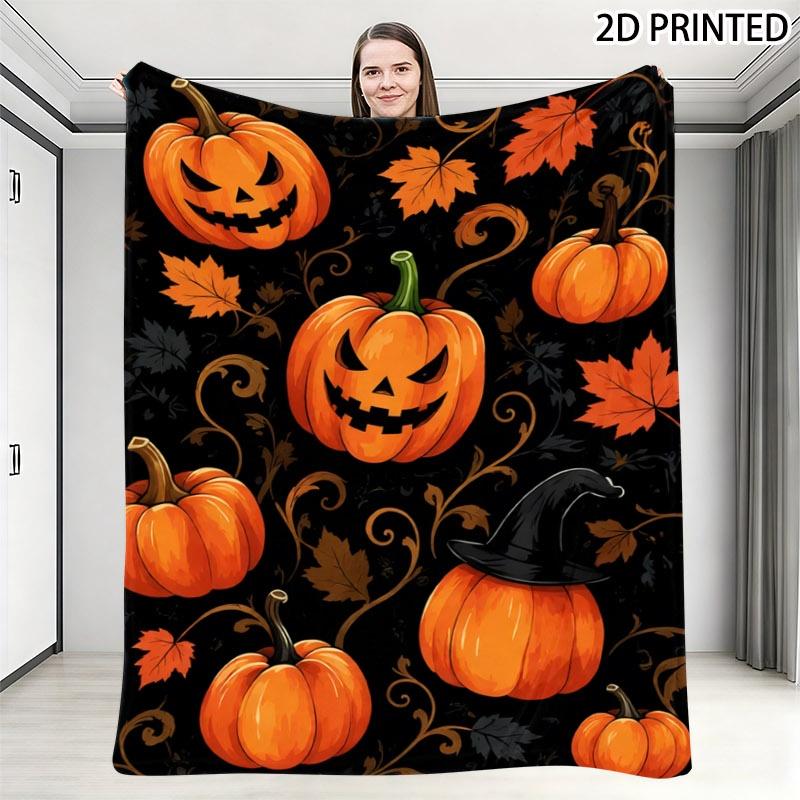 Halloween Themed Throw Blanket, Jack-O'-Lantern Pumpkin with Witch Hat & Autumn Leaf Vine Print on Black Background, Multiple Sp