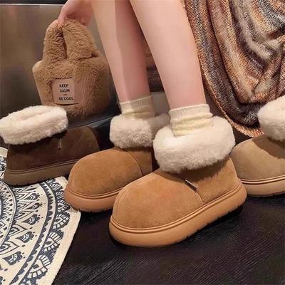 Верблюжьи ретро-зимние сапоги женские зимние новые на толстой подошве универсальные средней высоты из бархата с тепловым хлопком