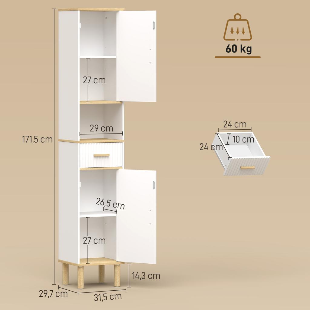 Bathroom Column Cabinet, Narrow Storage Unit with 2 Doors, Drawer, Open Compartment, White