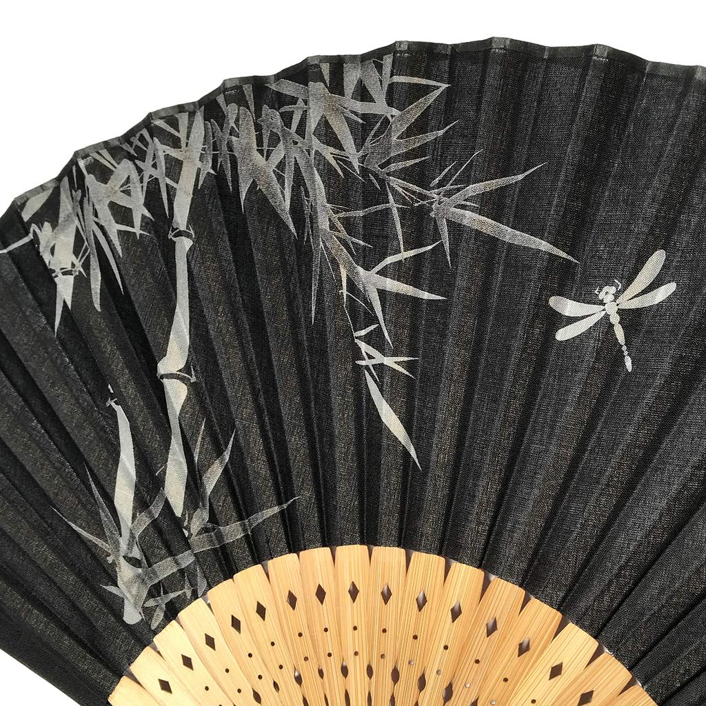 Folding Fabric Ink Painting Large Dragonfly and Bamboo Forest Japanese Large [Hanakanzashi] Men's Fan, Covered, Style, Size, Pattern, Black, Pattern,