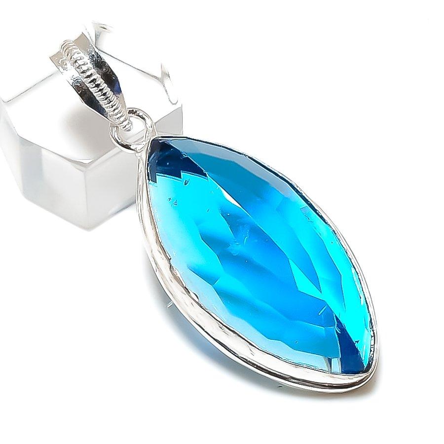 Natural Swiss Blue Topaz Handmade 925 Sterling Silver Jewelry Pendant 2.01" J8i36