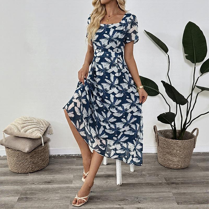 JKASHDK Женская мода лето весна цветочный узор принт короткий рукав квадратный воротник Высокая талия повседневные платья