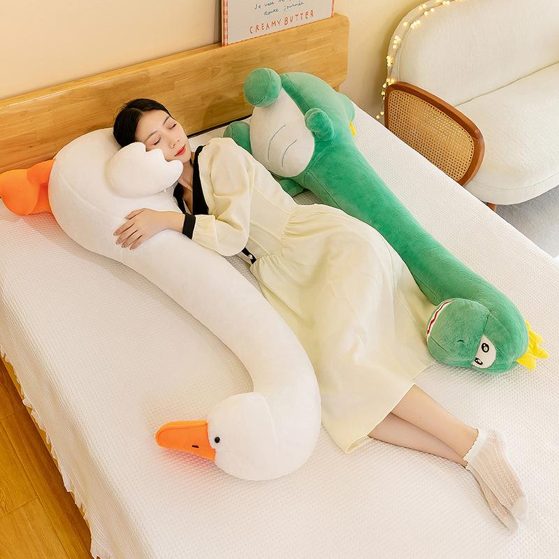 Cute dinosaur long throw pillow girl bed side sleeping cuddle pinch legs big white goose long neck animal plush toy