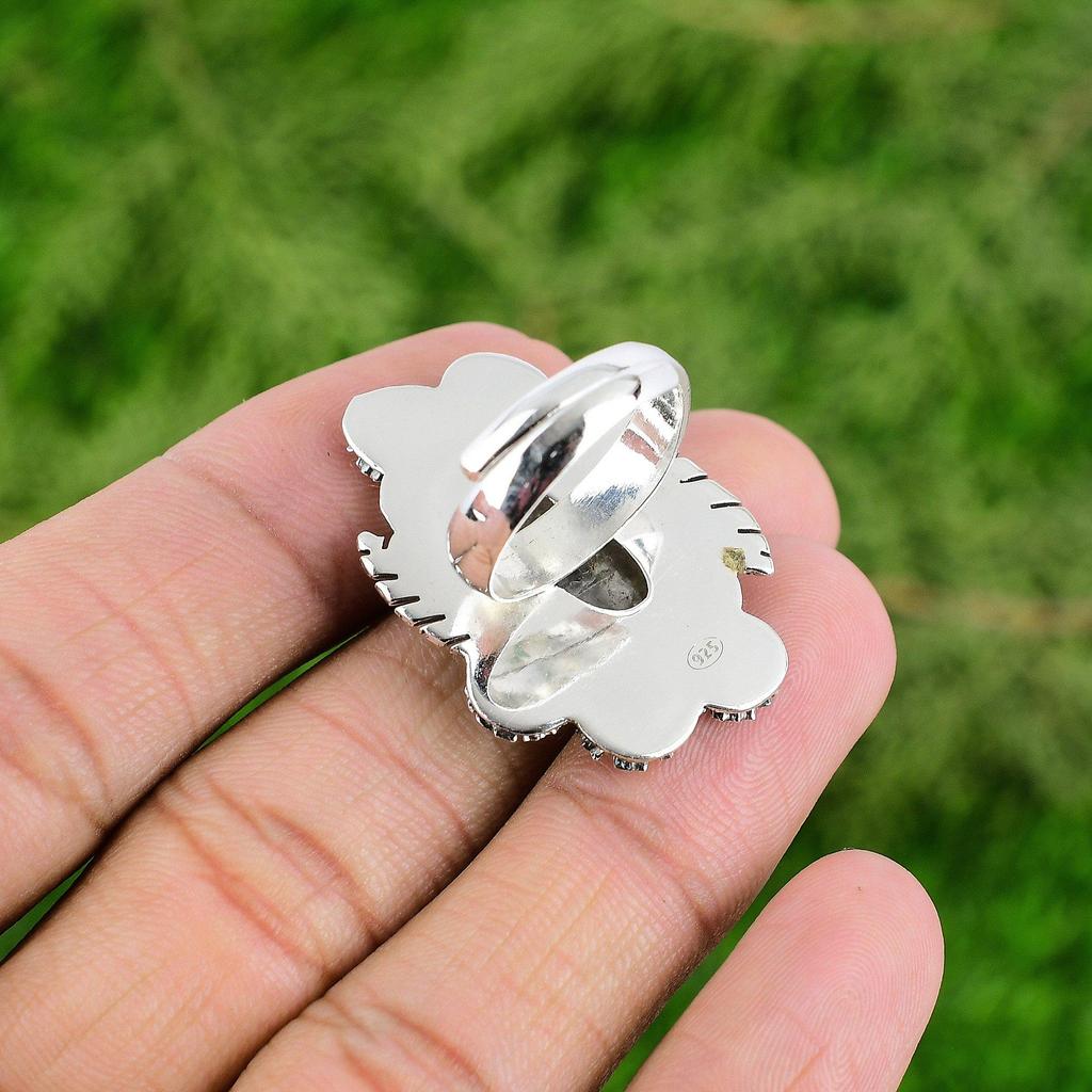 Gift For Her 925 Silver Natural Black Sunstone Stackable Flower Adjustable Ring