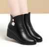 Winter Warm Comfort Soft Leather Soft Bottom Anti Slip Slope Heel Leather Short Boots Women's Plush Middle Age Cotton Boots