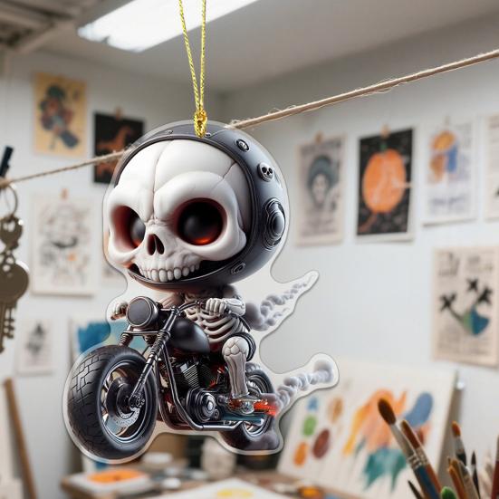 Halloween Car Ornament Cool Skeleton Acrylic Car Rearview Mirror Charm 2D Flat Skull Hanging Pendant for Car Interior Backpack Accessory