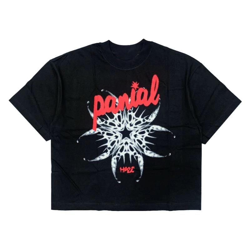 Summer mens loose roundneck pure cotton Tshirt with Harajuku pattern print aesthetic Gothic style top Hiphop Y2k street wear