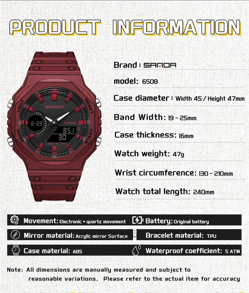 SANDA 6508 Fashion Electronic Watches for Man Multifunctional Luminous Stopwatch Alarm Clock Dual Display Men Digital Wristwatch