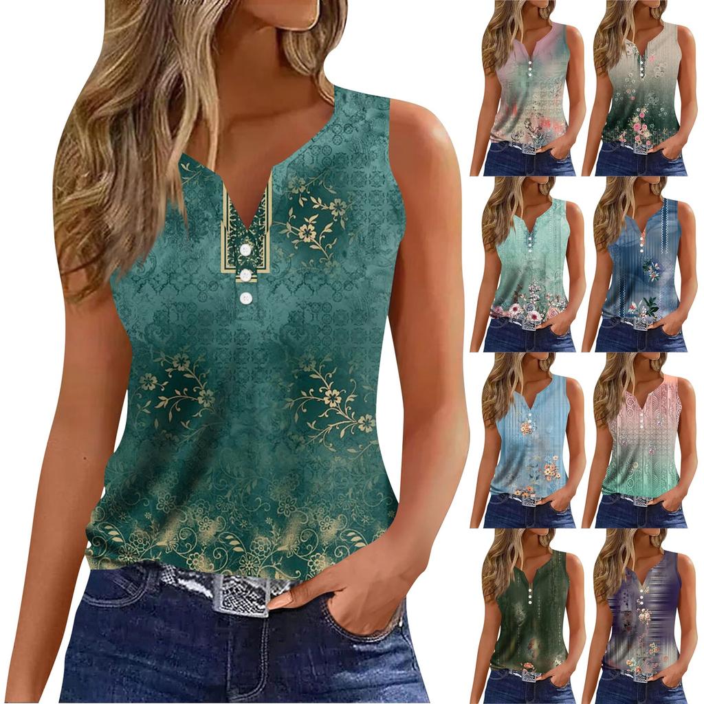 Жен. Футболка Футболка С принтом Пуговицы Без рукавов Повседневные Выходные Мода Классический V-образный вырез Обычный Верх