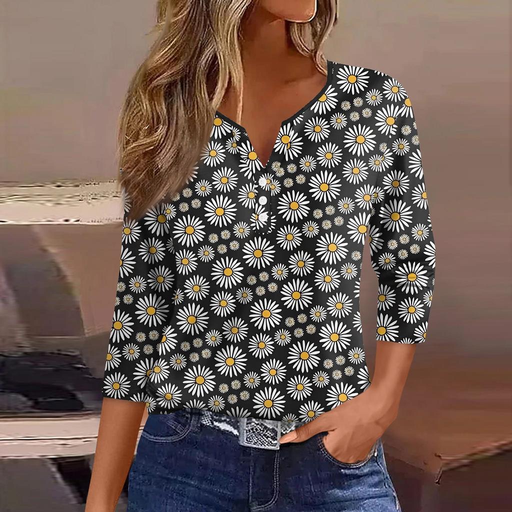 Жен. Футболка Футболка С принтом Пуговицы Рукав 3/4 Повседневные Выходные Мода Классический Классический V-образный вырез Обычный Верх