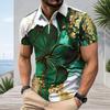 Men S Plus Size Short Sleeve Quarter Zip Collared Polo Shirt Green Gold Floral Printed