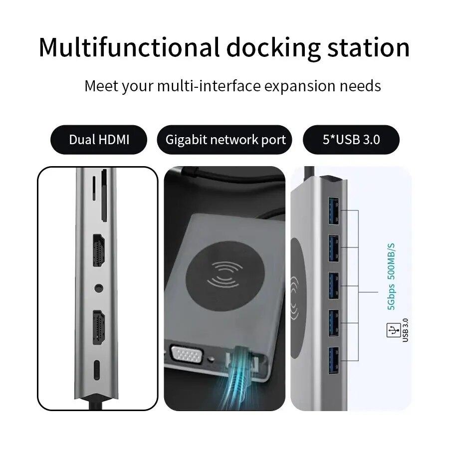 14 в 1 USB Type C HUB Беспроводная зарядка USB 3.0 RJ45 PD-совместимый с HDMI адаптер Док-станция для ноутбука Macbook Pro