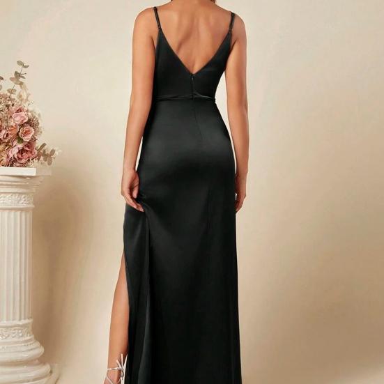 Women's Spaghetti Strap Satin Slit Dress Ruched V Neck Sleeveless