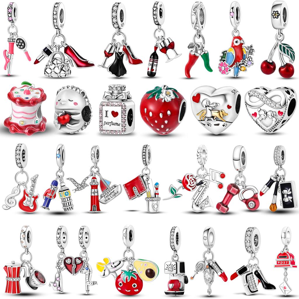 925 Silver Red Color Charms Bead Lipstick High Heels Heart Strawberry Dangle Fit Bangle Bracelet DIY Jewelry