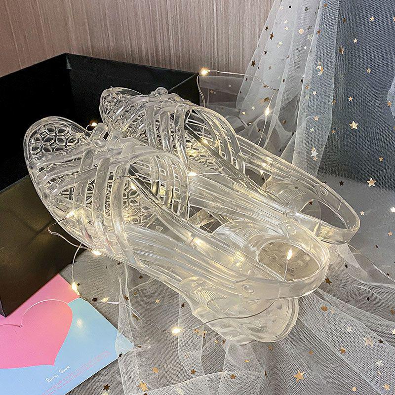 Sandals for Women with Low Heels Footwear Plastic Ladies Shoes Crystal Summer 2024 Outdoor Jelly Pvc Trend Korea On Offer Casual