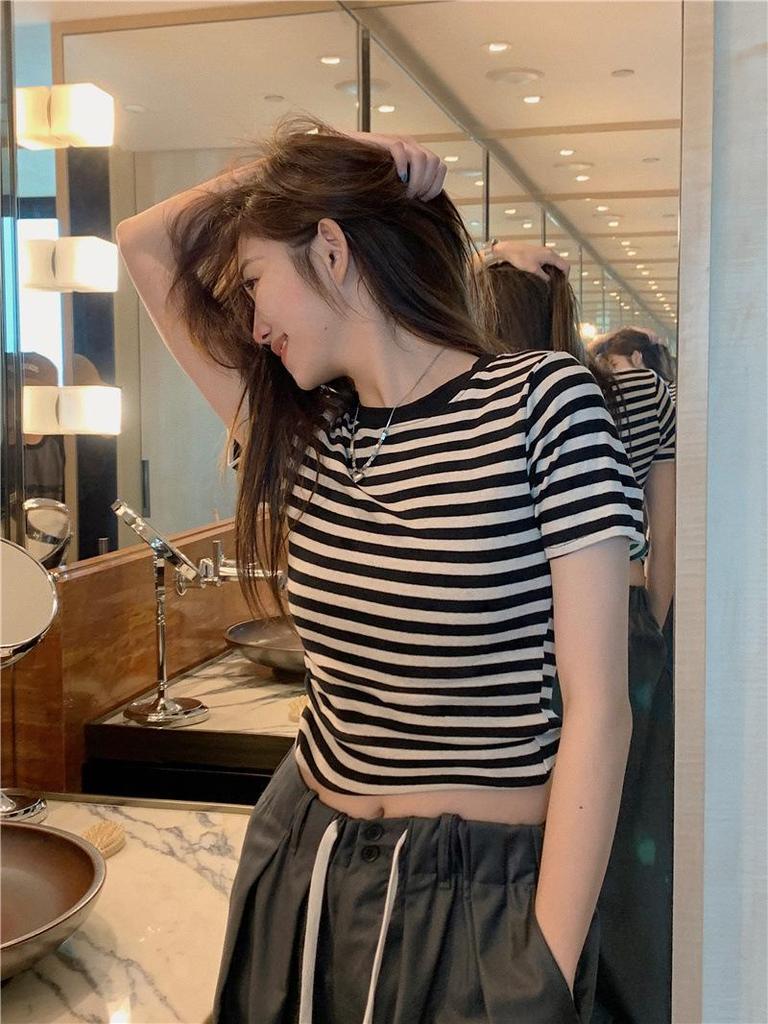 Striped Short-Sleeve French Cotton T-Shirt for Women