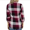 Women Vintage V-neck Loose Tops Long Sleeve Stylish T-shirt With Plaid Casual Design