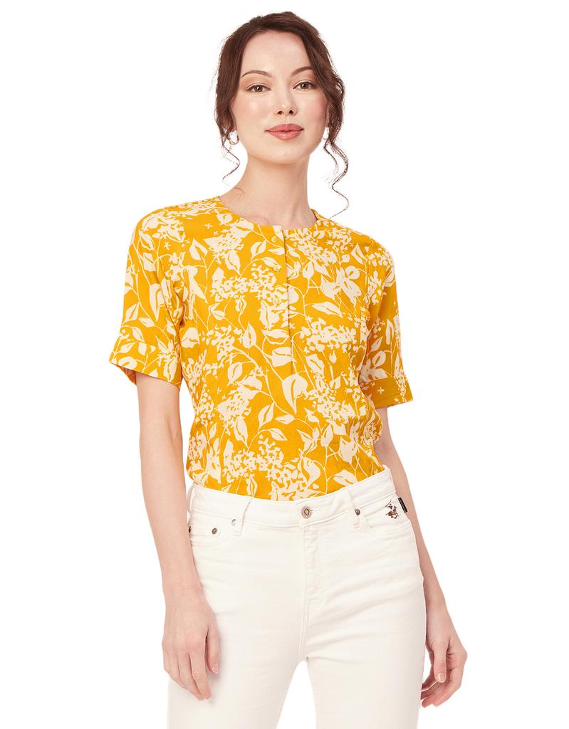 Moomaya Printed Viscose Summer Top For Women, Round Neck Short Sleeves Casual Top