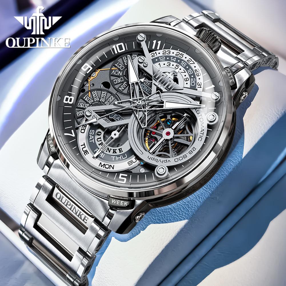 OUPINKE Men Watch Multi functional Hollow Dial Auto Date Stainless steel Automatic Mechanical Men's Watch