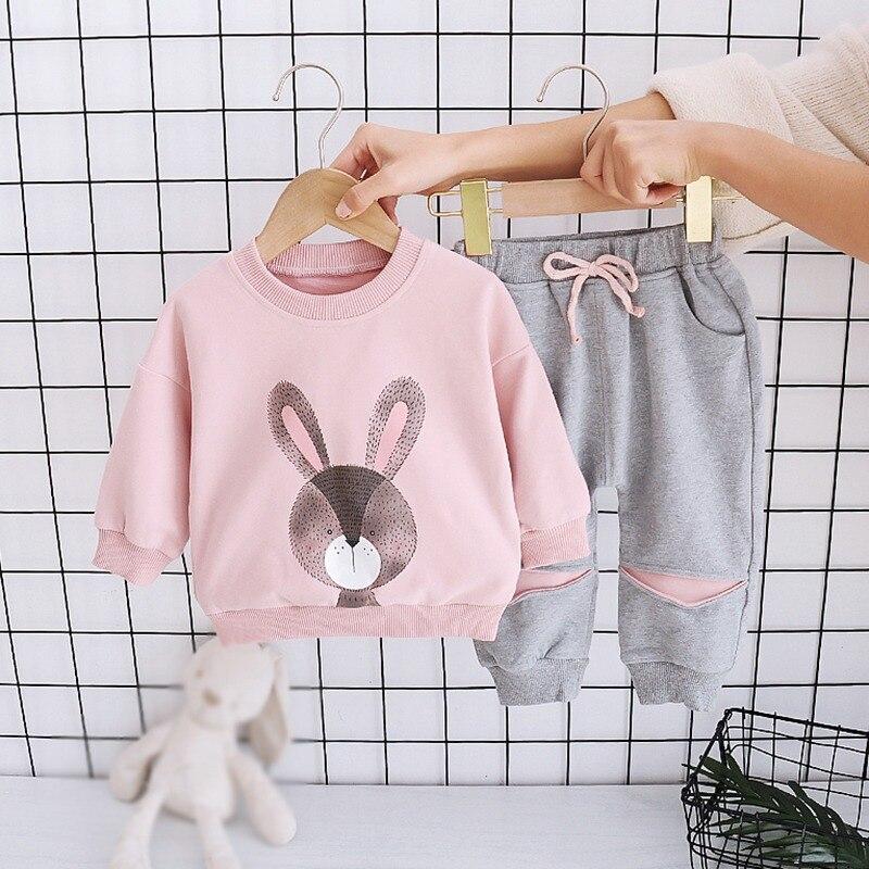 Girl Casual Fashion Cute Cartoon Print Round Neck Long-Sleeved Sweater Trousers Suit