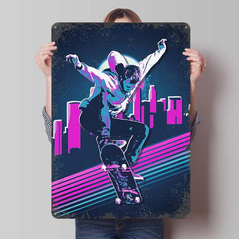 Skateboarder in Retro Cityscape Tin Plaque Poster Customized Wall Art Retro Vintage Metal Signs for Man Cave Decoration Garage