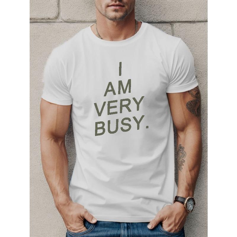 Европейский размер Мужская повседневная футболка с коротким рукавом "Я очень занят" - Дышащий полиэстер, Геометрический принт, Круглый вырез - Идеально для лета