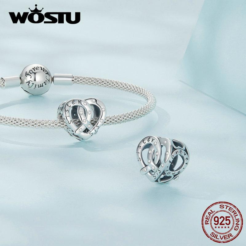 WOSTU 925 Sterling Silver Cubic Zirconia Sister Heart Bead Charms for Women Necklace and Bracelet DIY Jewelry