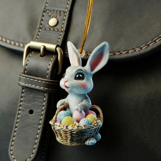 Easter Bunny Ornament 2D Flat Acrylic Bunny Car Rearview Mirror Charm Cartoon Bunny Egg Hanging