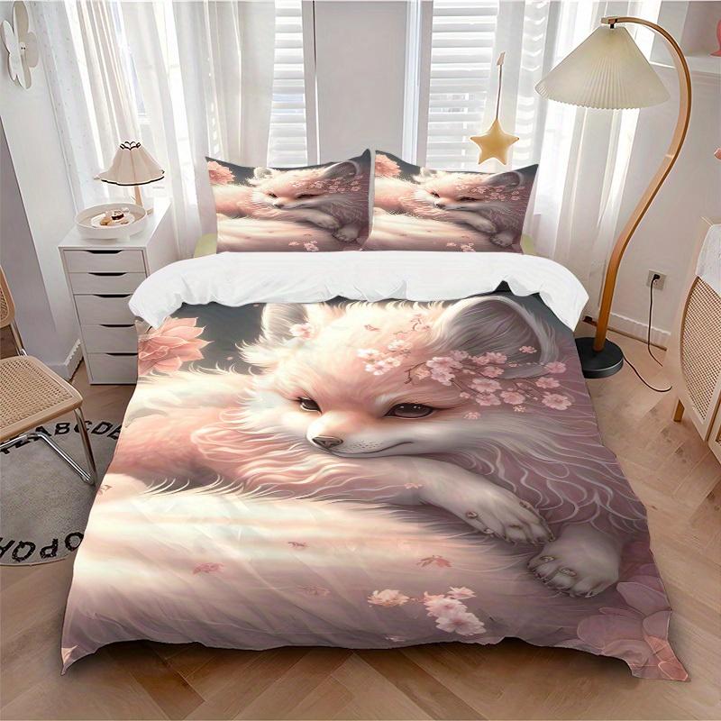 3pcs Fox, Blossom Bedding Set Down Comforter Cover and Pillowcases, Suitable for Guest Room Home Decoration All Seasons(No Insert) S0819071