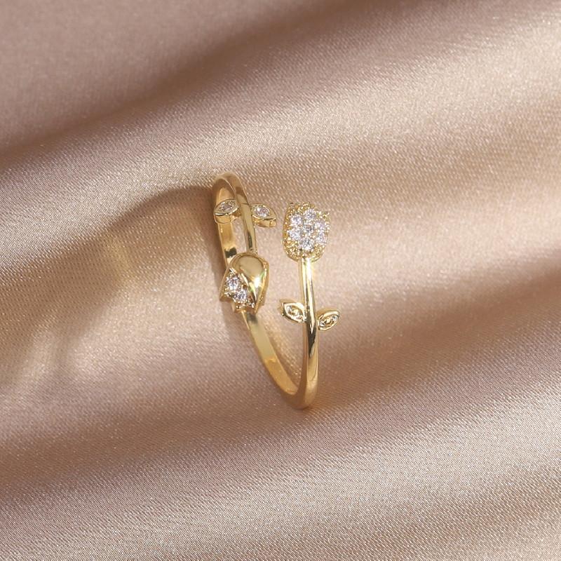 Корейский дизайн модные ювелирные изделия 14K настоящее позолоченное листовое цирконие кошка двойной тюльпан кольцо элегантное женское открывающееся регулируемое кольцо