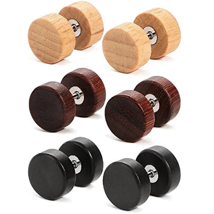 Деревянные серьги 16G Деревянные искусственные манометры Заглушки Серьги для мужчин и женщин Деревянные поддельные заглушки Манометрические шпильки Круглые плоские задние серьги-гантели с туннелем для мошенников