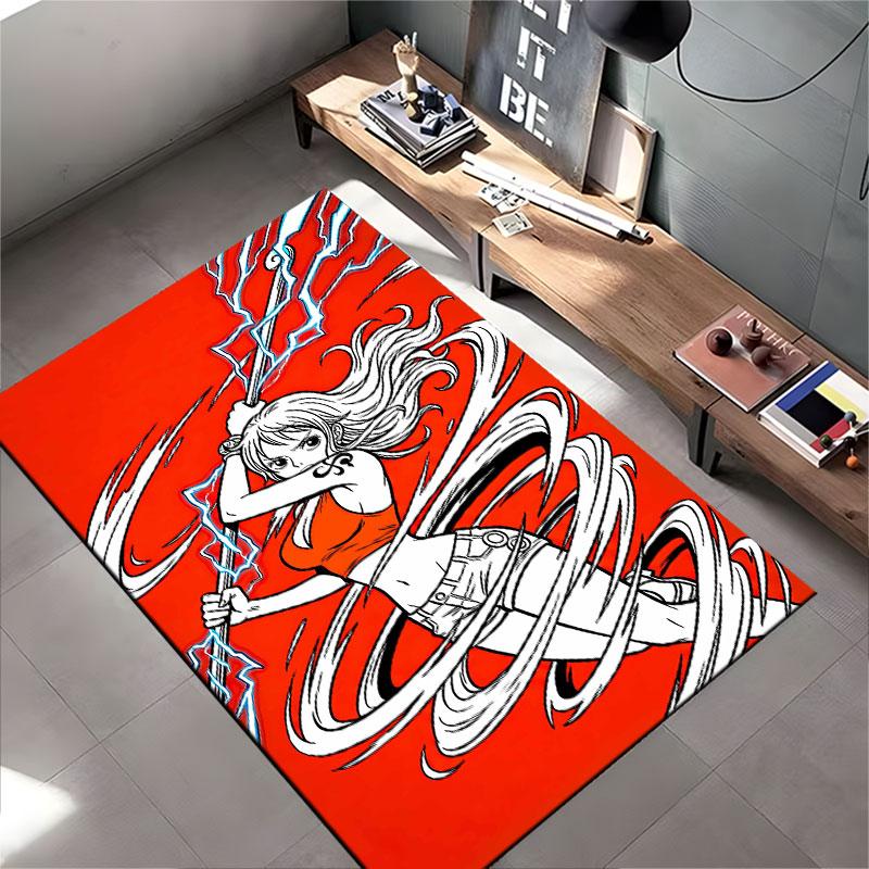Fiery Anime Warrior on Red suitable as a non-slip mat for the living room or bedroom sofa