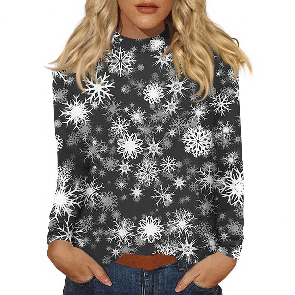 Women Fall Casual Long Sleeve Shirts Sweatshirt Vintage Printed High Neck Top Pullover