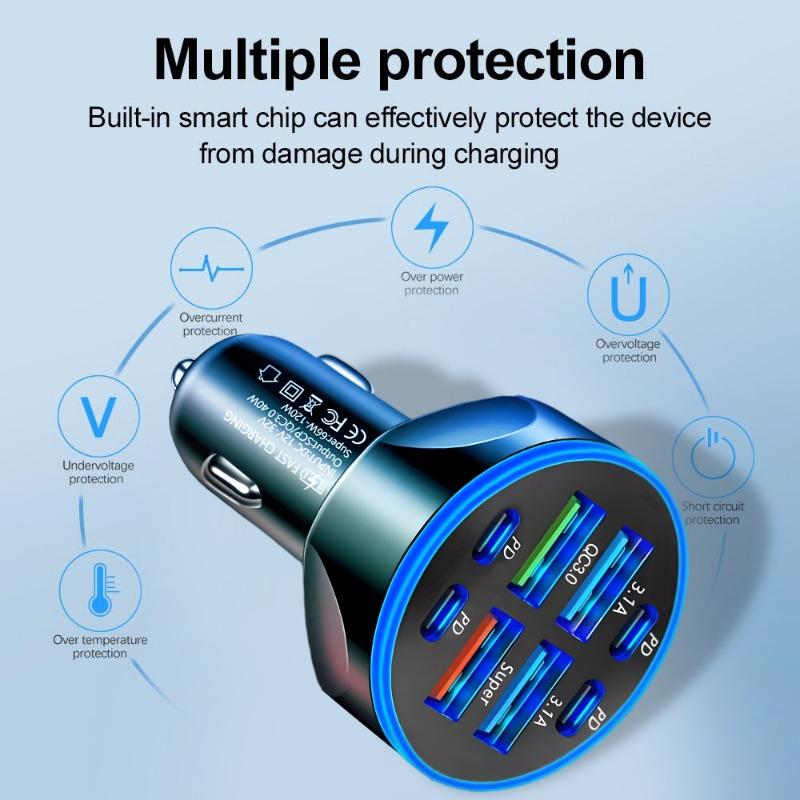 Автомобильное зарядное устройство 8 в 1 с цифровым дисплеем, 4 USB + 4 PD, поддержка сверхбыстрой зарядки, DC12-24V, многопортовое, цифровой дисплей, зарядное устройство для мобильного телефона